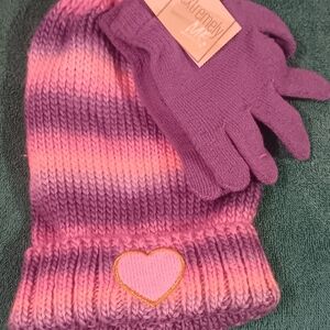 Girls  Pink and Purple Heart Winter Hat and Gloves Set
